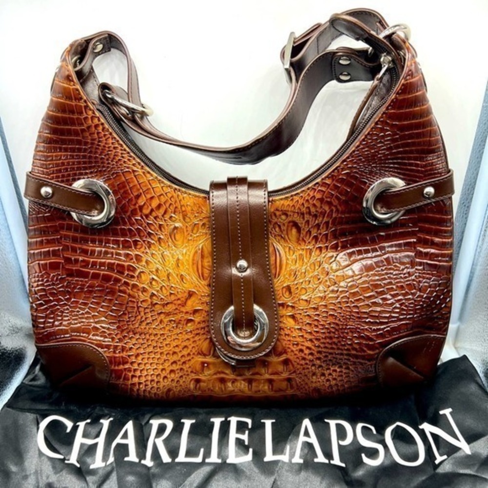 CHARLIE LAPSON croc embossed brown leather shoulder bag with dust bag